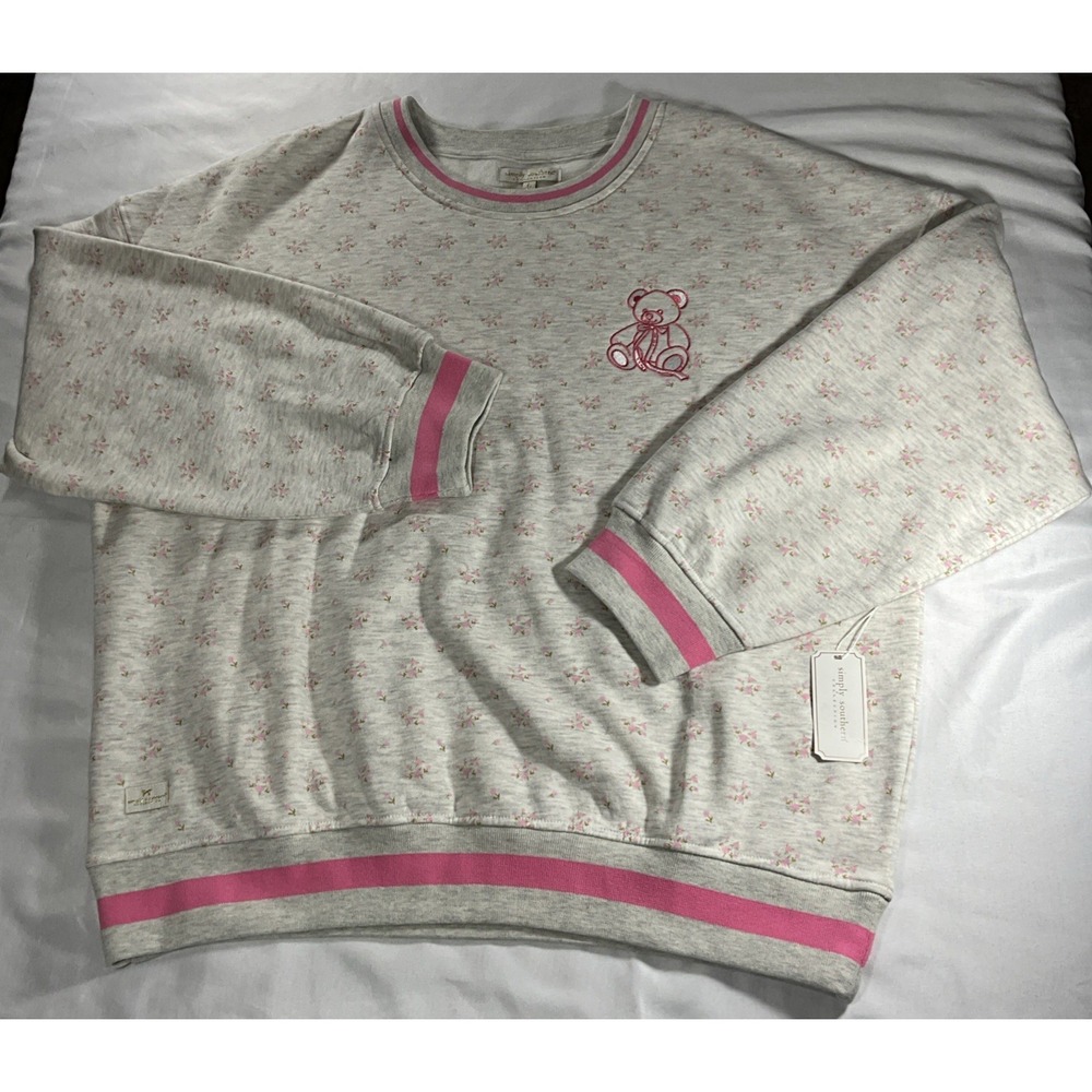 Simply Southern Floral Teddy Bear Love Graphic Sweatshirt Pink Gray Large CON90 - Picture 3 of 14